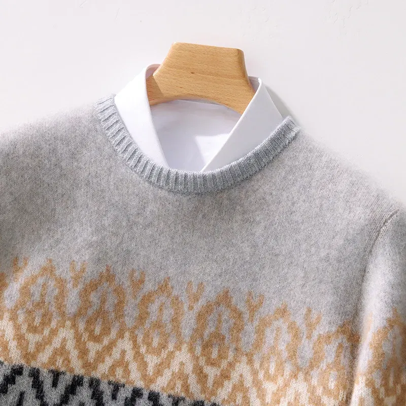 Color: GRAY, Size: M - 100% Pure Wool Pullover Sweater Men's Round Neck Knitted Sweater Autumn Winter Thick Warm Ethnic Style Men's Clothing