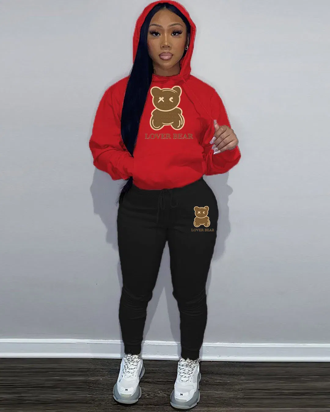 Color: Red, Size: S - 2 Piece Set Women Outfit Letter Bear Print Hooded Neck Hoodies Sweatshirt Pants Tracksuit 2024 Plus Size Streetwear Casual Suit