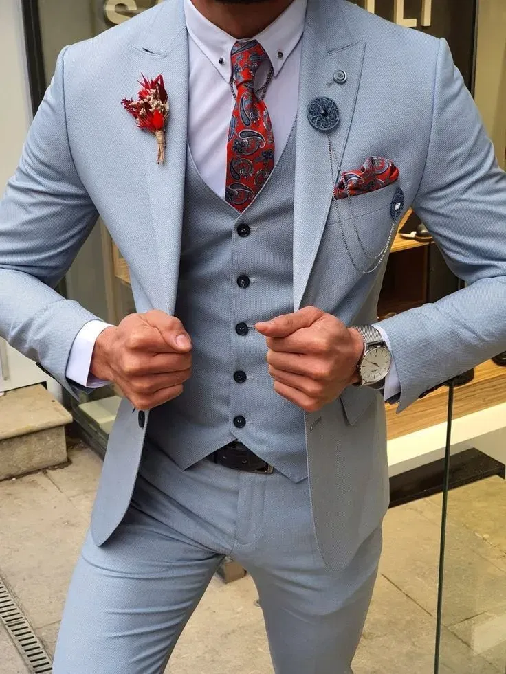 Color: Blue, Size: One Size, Ships From: CHINA - 3 Pieces New White Men's Suit 2022  Peak Lapel Slim Fit Casual Tuxedos Groom Tailor Made Terno Masculino (Blazer+Pants+Vest)