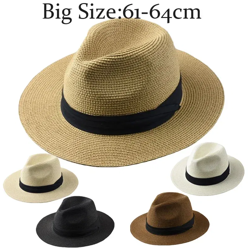 Color: black, Size: XS?€old?‰ - Large Size XL61-64cm Panama Sun Hats Men Wide Brim Straw Caps Women Summer Big Head Beach Hat Male Plus Size Fedora Hat 58-60cm