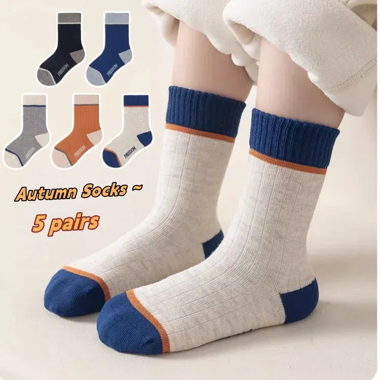 Color: black, Size: 2-3T - 5 Pairs Children's Socks Spring Autumn Socks Kids Boys Cotton Socks Baby Letter Pattern Mid Calf Sock
