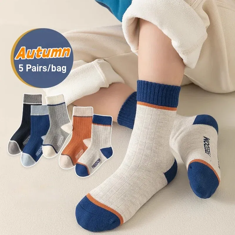 Color: black, Size: 2-3T - 5 Pairs Children's Socks Spring Autumn Socks Kids Boys Cotton Socks Baby Letter Pattern Mid Calf Sock