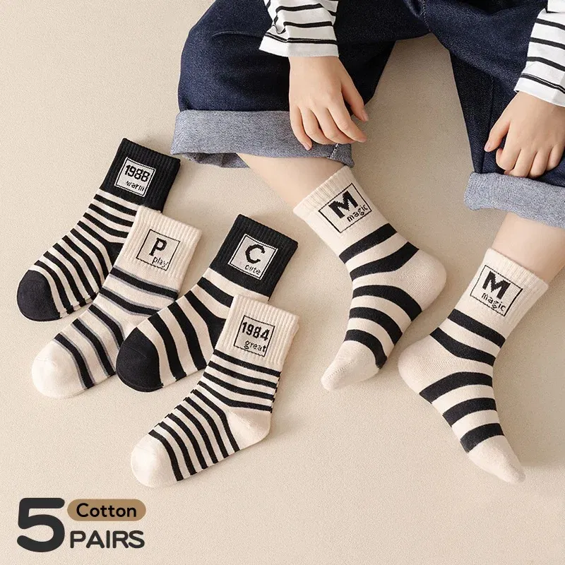 Color: black, Size: 2-3T - 5 Pairs Children's Socks Spring Autumn Socks Kids Boys Cotton Socks Baby Letter Pattern Mid Calf Sock