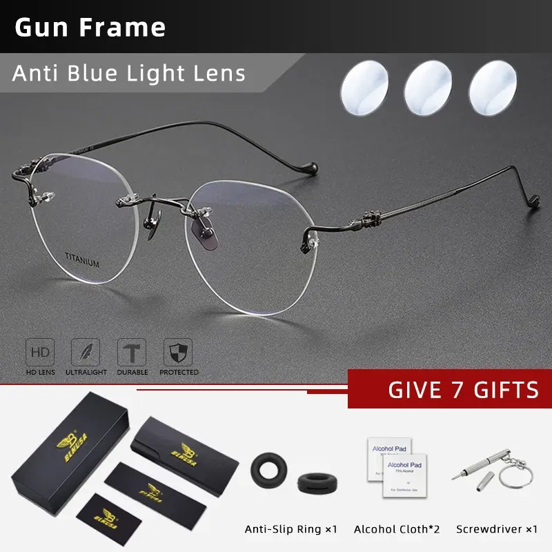 Frame Color: Yellow, Eye Prescription: +100 - BLMUSA Pure Titanium Rimless Anti-blue Light Reading Glasses for Men Round Photochromic Optical Prescription with MR-8 lens