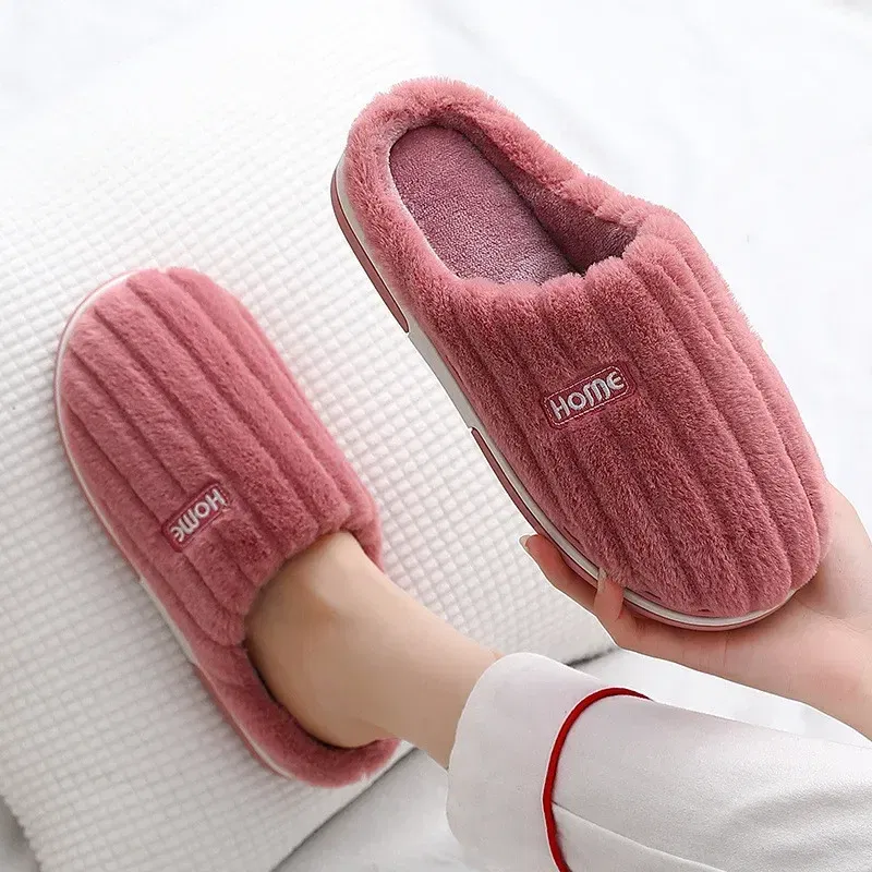 Color: PURPLE, Shoe Size: 44-45 - New Men Big Size 48 49 Winter Warm Slippers Women Soft Plush Furry Shoes Casual Flats Home Couples Bedroom Anti-Slip Slides