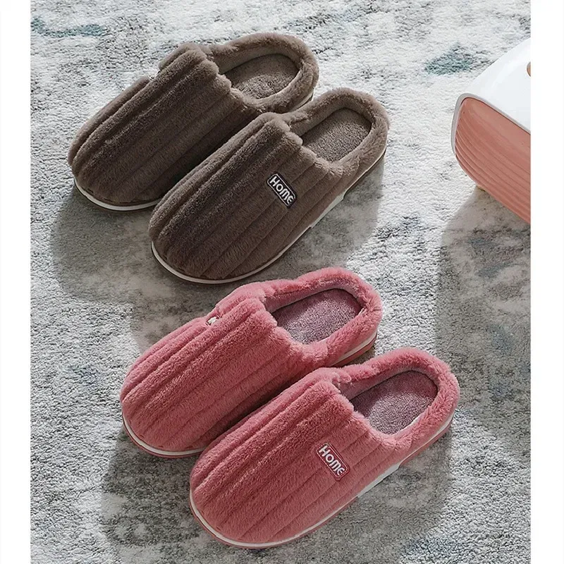 Color: PURPLE, Shoe Size: 44-45 - New Men Big Size 48 49 Winter Warm Slippers Women Soft Plush Furry Shoes Casual Flats Home Couples Bedroom Anti-Slip Slides