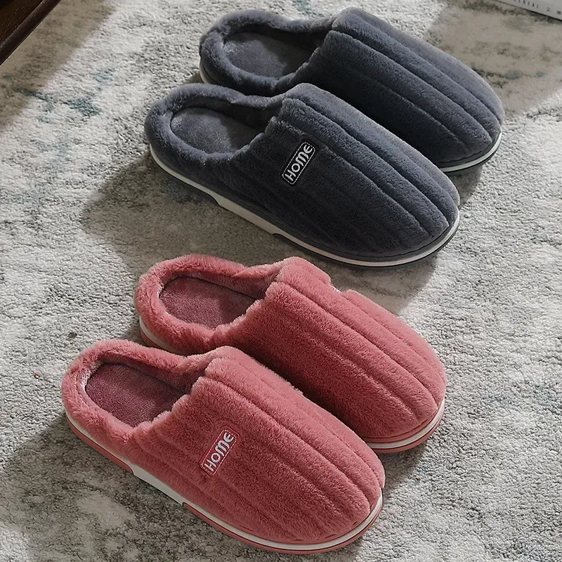 Color: PURPLE, Shoe Size: 44-45 - New Men Big Size 48 49 Winter Warm Slippers Women Soft Plush Furry Shoes Casual Flats Home Couples Bedroom Anti-Slip Slides