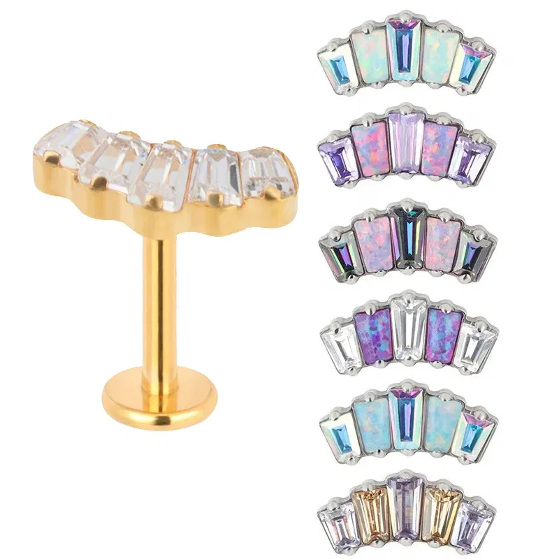 Metal color: Silver Plated, Main Stone Color: Pink, Ships From: CHINA - G23 Titanium Ear Studs 5 Oblong CZ Blaze Curve Top Threaded Labret PIERC Lip Stud Ear Cartilage Tragus Helix Piercing Jewelry