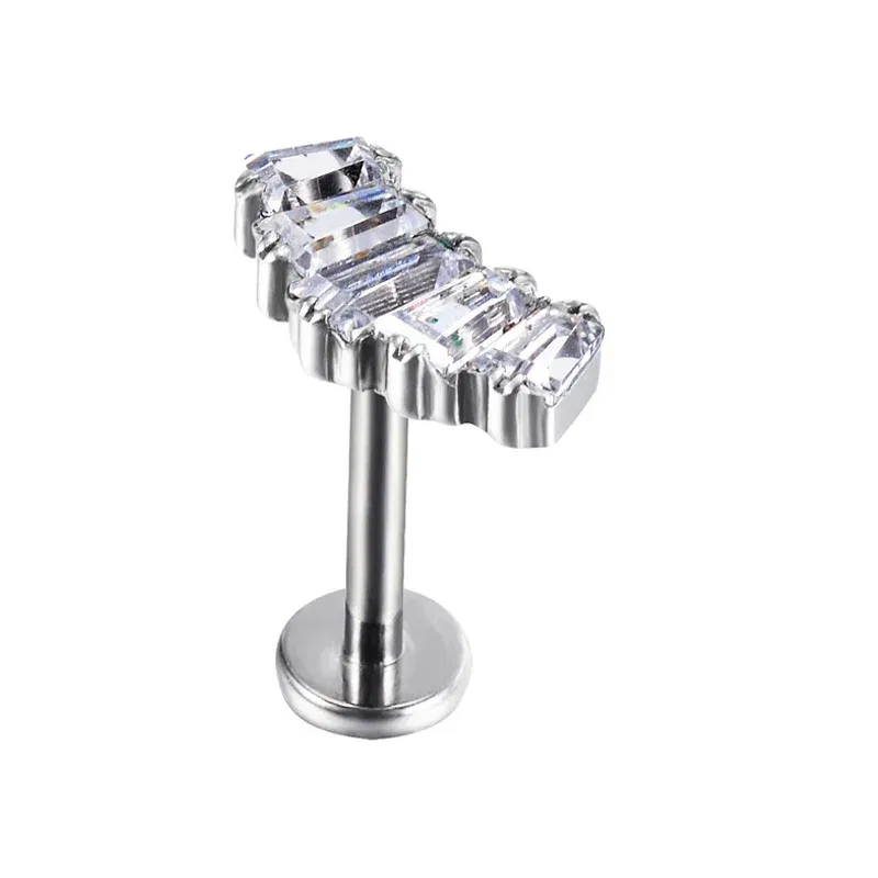 Metal color: Silver Plated, Main Stone Color: Pink, Ships From: CHINA - G23 Titanium Ear Studs 5 Oblong CZ Blaze Curve Top Threaded Labret PIERC Lip Stud Ear Cartilage Tragus Helix Piercing Jewelry