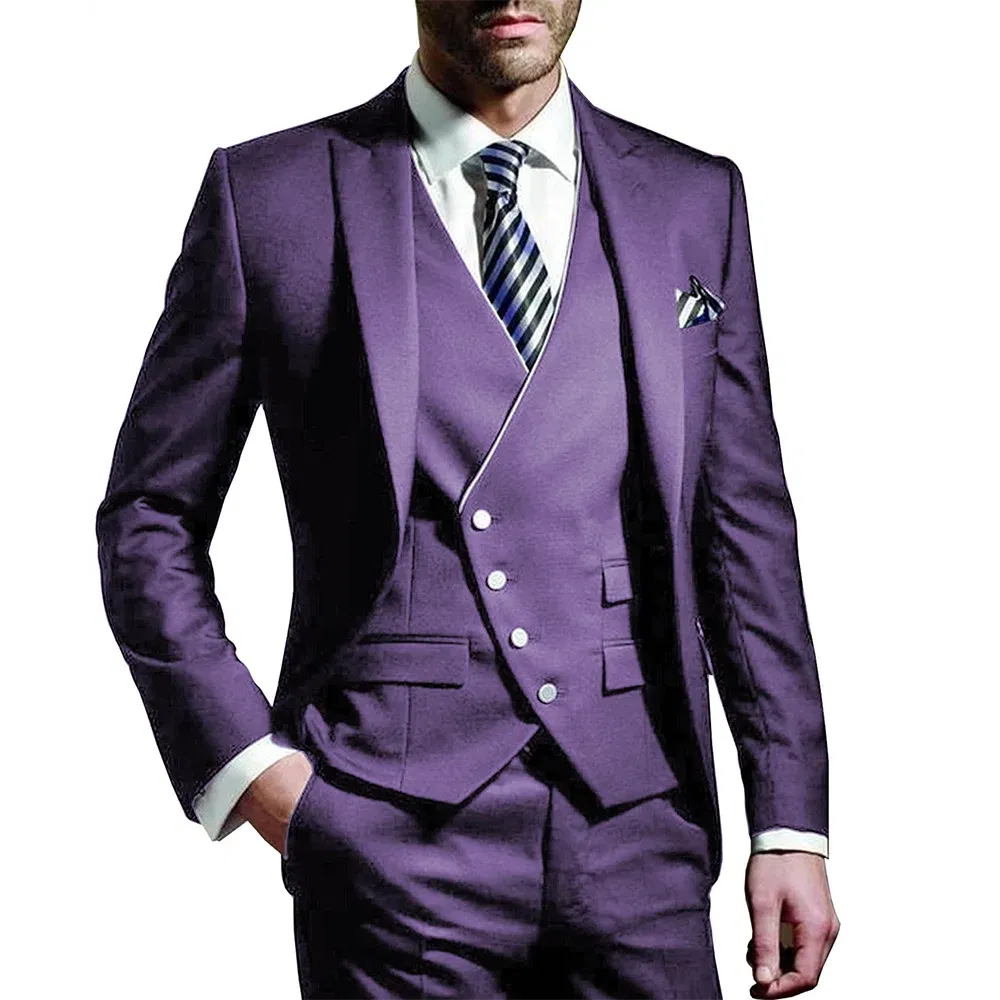 Color: PURPLE, Size: 5XL, Ships From: CHINA - White Men Wedding Suits Groom Wear Peak Lapel Wedding Groom Tuxedos Business Party Suit 3 Pieces (Jacket+Vest+Pant?‰Costume Homme