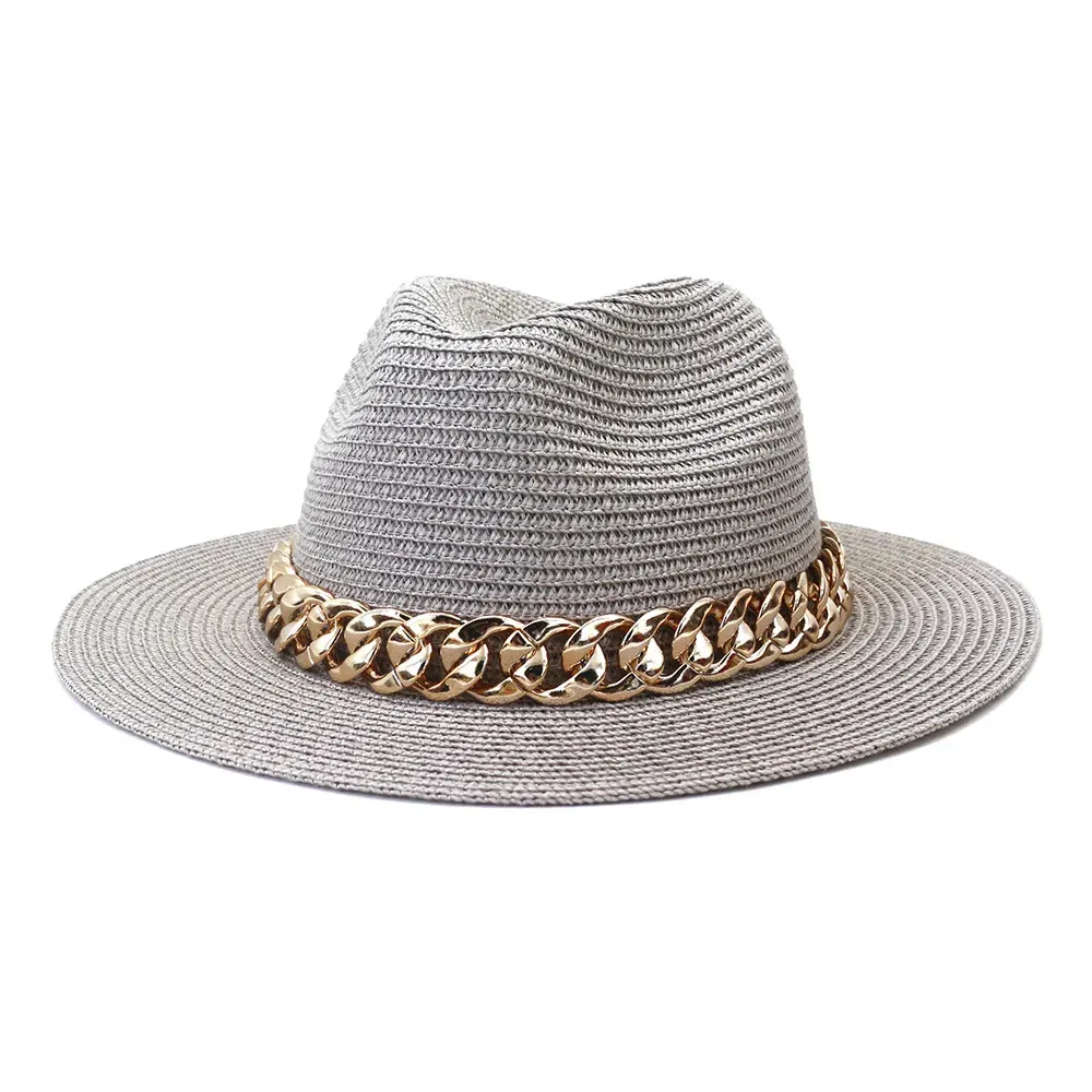 Color: GRAY, Size: L - Fashion Gold Chain Belt Panama Straw Hats For Women Summer Breathable Beach Sun Hats Elegant Ladies Party Jazz Hat