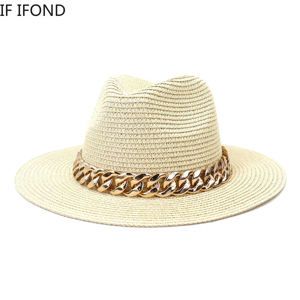 Color: GRAY, Size: L - Fashion Gold Chain Belt Panama Straw Hats For Women Summer Breathable Beach Sun Hats Elegant Ladies Party Jazz Hat