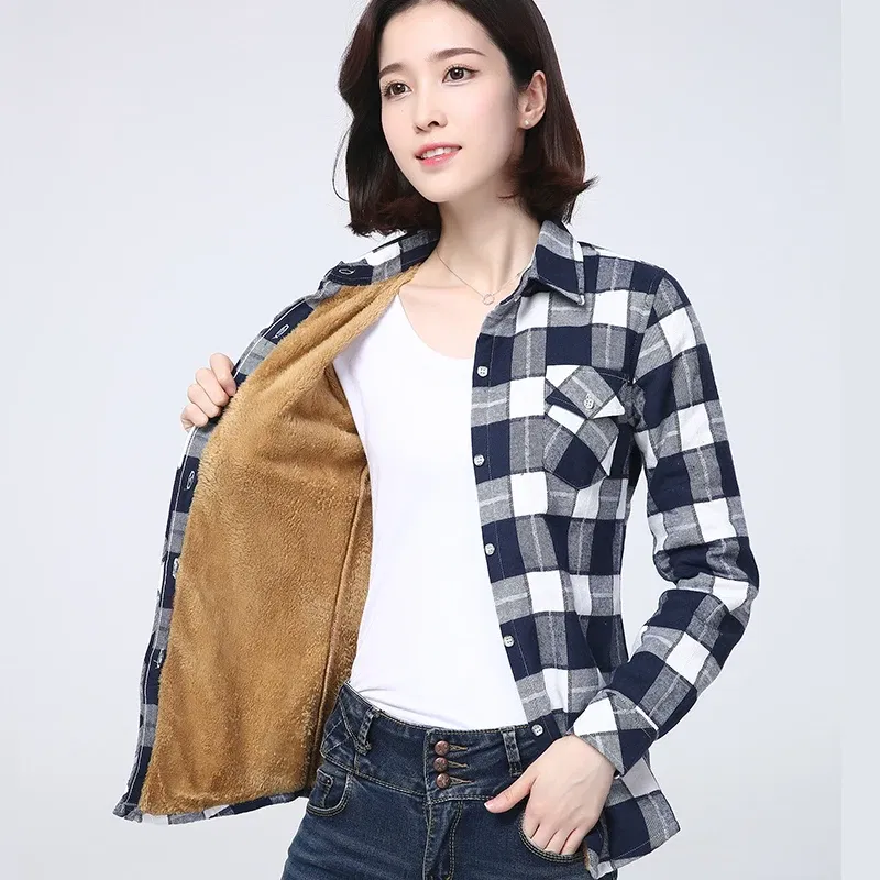 Color: Orange, Size: L - 2025 Winter New Women's Warm Plaid Shirt Coat Casual Fleece Velvet Plus Thicke Jacket Tops College Style Woman Clothes Outerwear