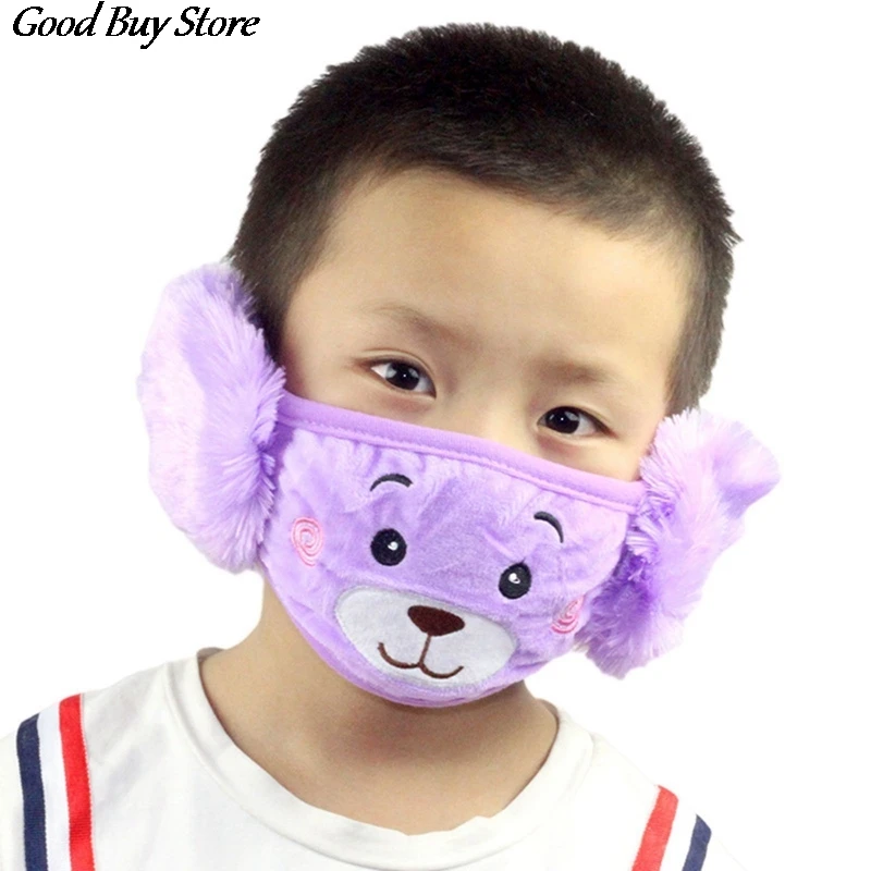 Color: green - Cartoon Bear Earmuffs Children Autumn Winter Fur Earmuff Mouth Cover Kids Comfortable Ear Muff Ear Warmer Skiing Warm Earlap