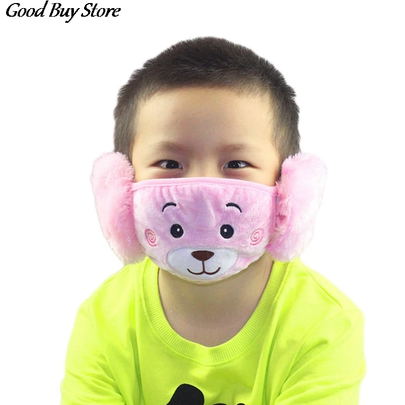 Color: green - Cartoon Bear Earmuffs Children Autumn Winter Fur Earmuff Mouth Cover Kids Comfortable Ear Muff Ear Warmer Skiing Warm Earlap