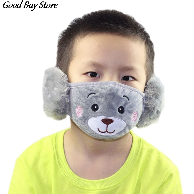 Color: green - Cartoon Bear Earmuffs Children Autumn Winter Fur Earmuff Mouth Cover Kids Comfortable Ear Muff Ear Warmer Skiing Warm Earlap