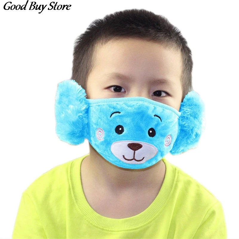 Color: green - Cartoon Bear Earmuffs Children Autumn Winter Fur Earmuff Mouth Cover Kids Comfortable Ear Muff Ear Warmer Skiing Warm Earlap