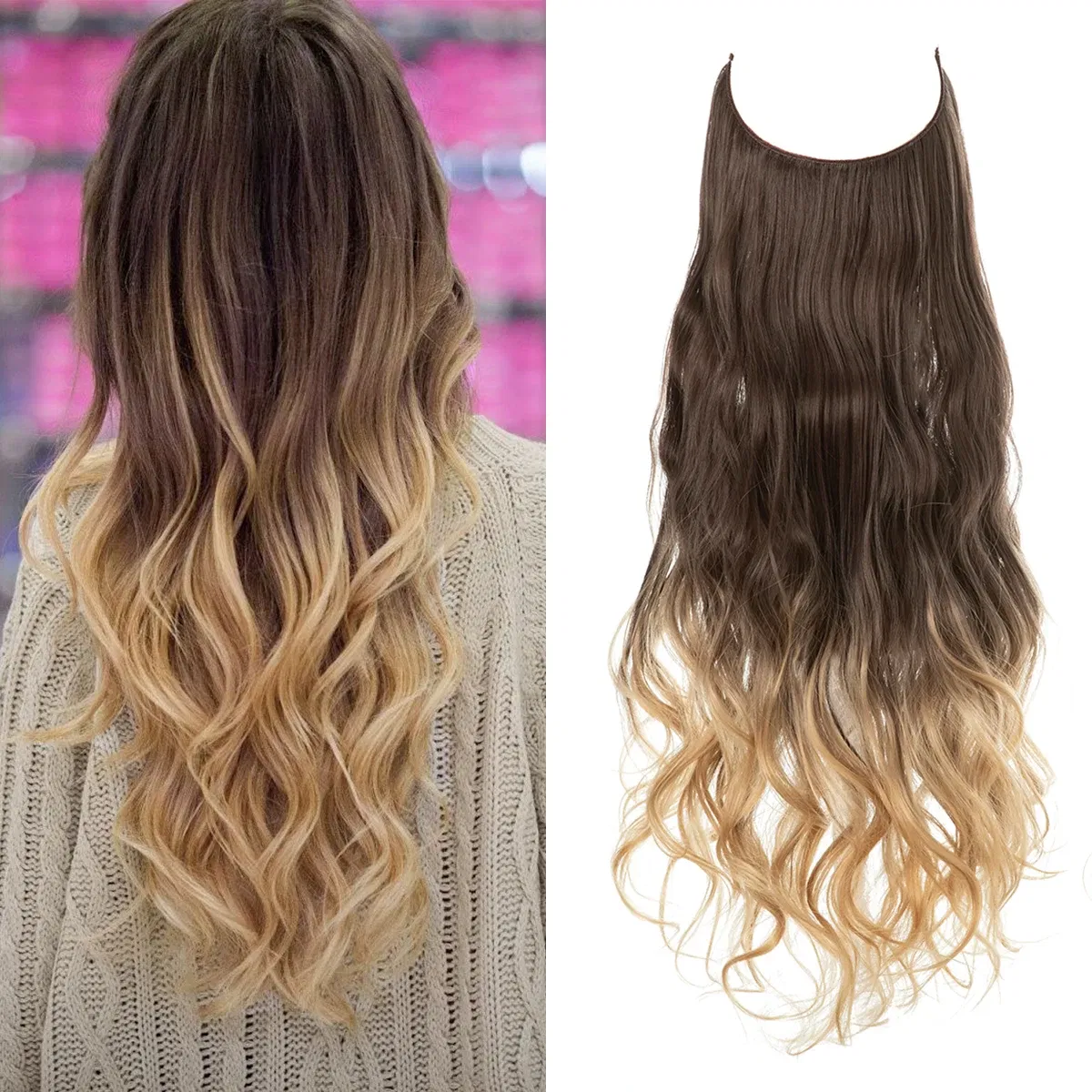 Color: T27/30/4, Stretched Length: 22INCHES - Synthetic No Clip Wave Hair Extensions Ombre Natural Black Blonde Pink One Piece False Hairpiece Fish Line Fake Hair Piece