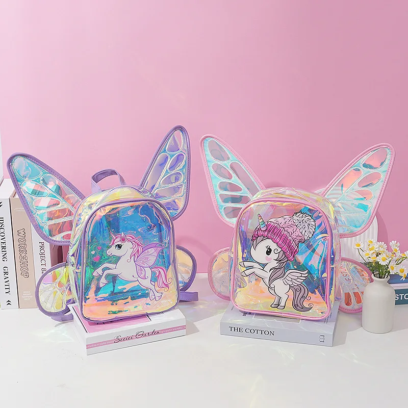 Color: Beige - New Fashion Butterfly Wings Backpack Children's Backpack Cute Unicorn Transparent TPU Trendy Backpack
