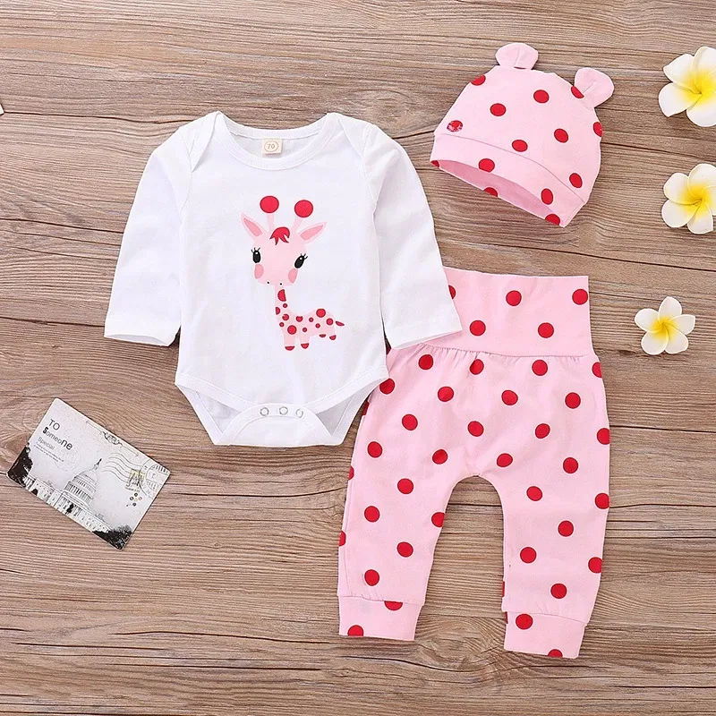 Color: Beige, Kid Size: 18M - Spring Fall Cotton Newborn Baby Girl Clothes 0-3 Months Polka Dot Unisex Infant Clothes Set Boy 3-piece Clothing With Hat