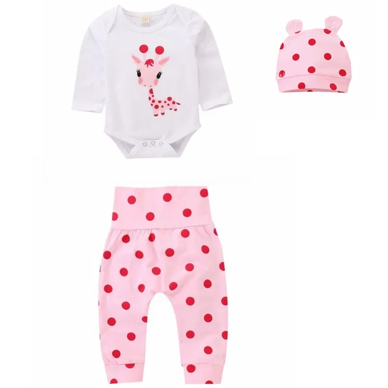 Color: Beige, Kid Size: 18M - Spring Fall Cotton Newborn Baby Girl Clothes 0-3 Months Polka Dot Unisex Infant Clothes Set Boy 3-piece Clothing With Hat