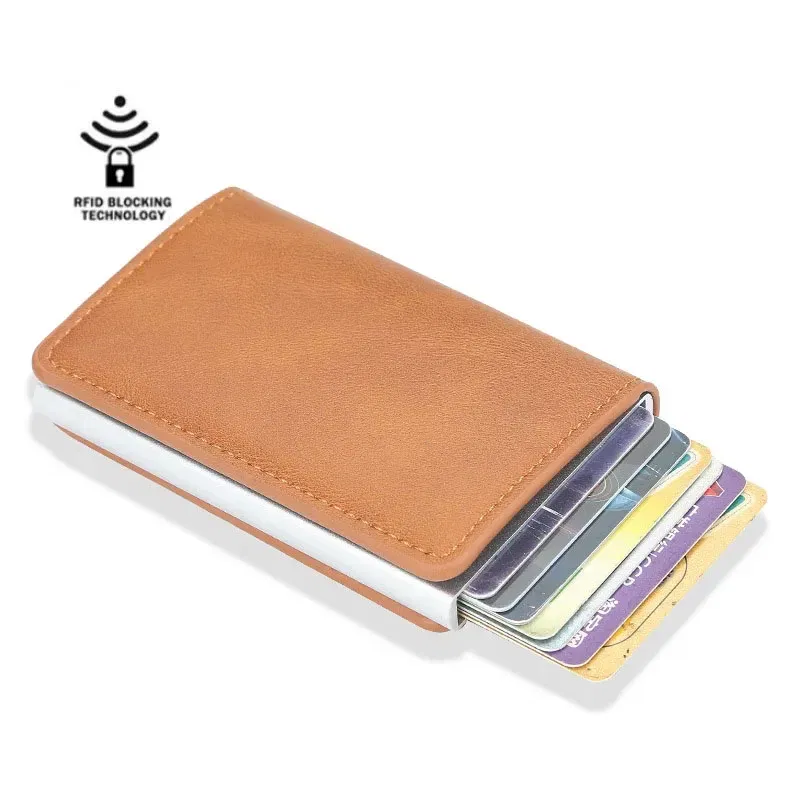 Color: Beige - 2024 Men Women Business ID Holders Metal Aluminum Shell Anti-degaussing Automatic Pop-up Rfid Multi-card Bit Cardholder Holders