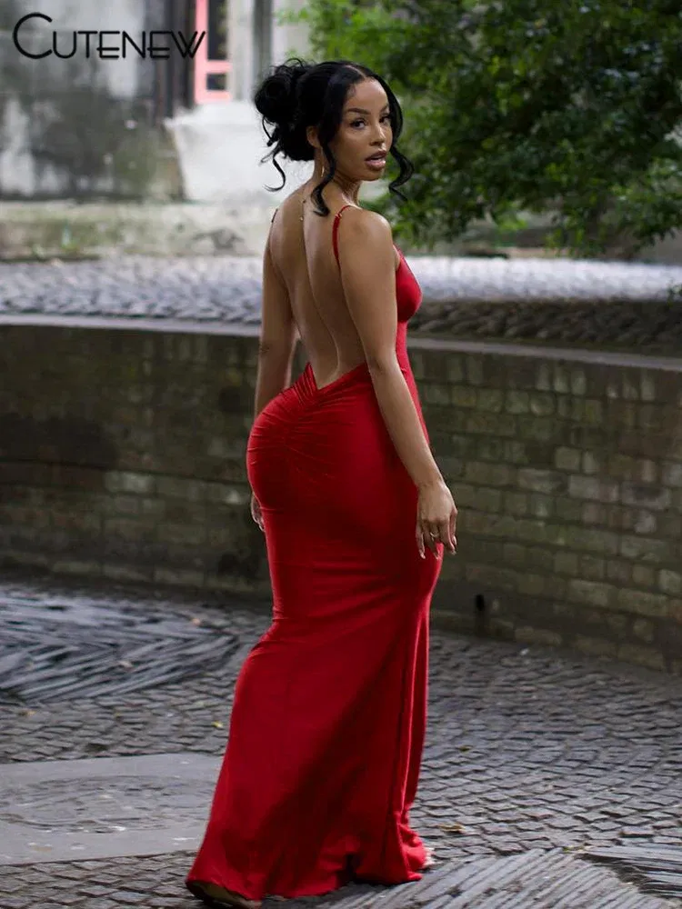 Color: PURPLE, Size: S - Nibber Red Shiny Spaghetti Strap Maxi Dress Women Solid Sexy Backless Ruched Cleavage Body-shaping Robe Lady Hipster Streetwear