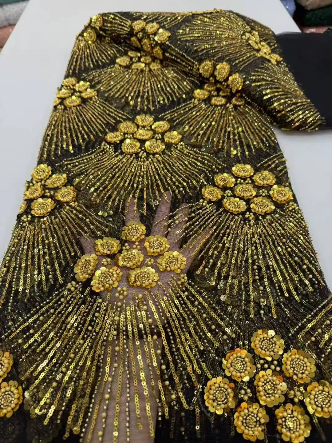 Color: Gold, Width: 120cm, Length: 5 yards - African Heavy Beaded Lace Fabric 2025 High Quality Nigerian Sequin Pearl Lace French Tulle Fabric For Wedding Party Dress Sewing