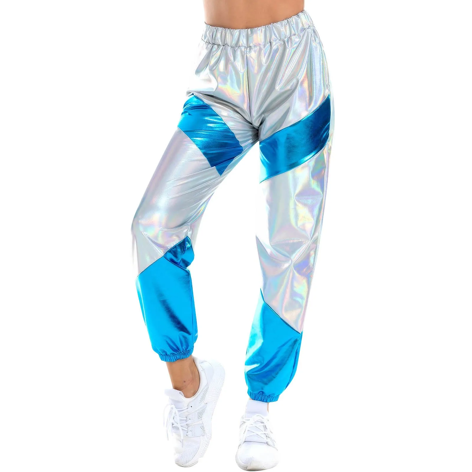Color: Silver, Size: M - Women'S Shiny Trousers Elastic Sports Leisure Casual Long Sweatpants Jogging Bottoms Stretch Leggings Party Disco Clubwear