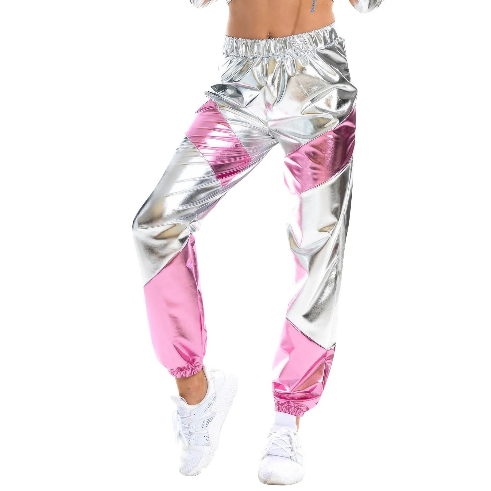 Color: Silver, Size: M - Women'S Shiny Trousers Elastic Sports Leisure Casual Long Sweatpants Jogging Bottoms Stretch Leggings Party Disco Clubwear