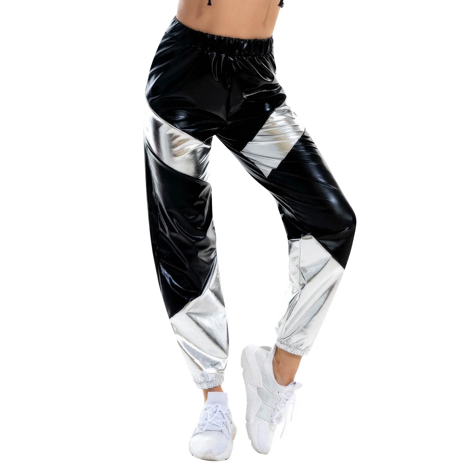 Color: Silver, Size: M - Women'S Shiny Trousers Elastic Sports Leisure Casual Long Sweatpants Jogging Bottoms Stretch Leggings Party Disco Clubwear