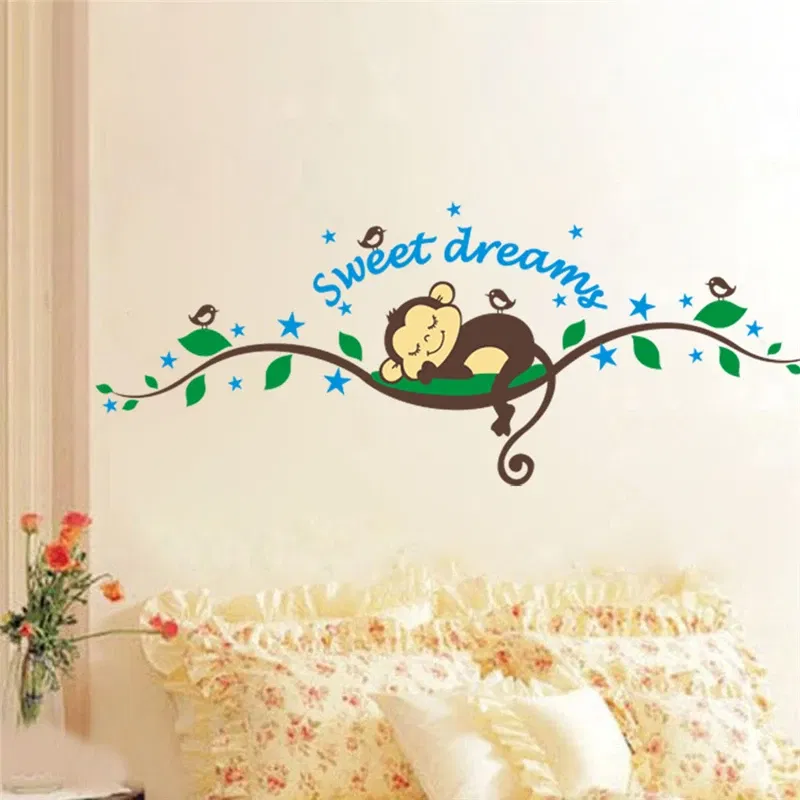 Color: Transparent - Funny Animals Bird Swinging Wall Stickers Kids Room Decoration Diy Cartoon Monkey Giraffe Lion Mural Art Pvc Posters Home Decals