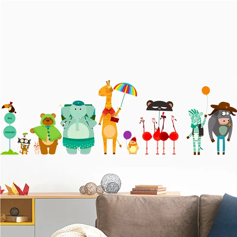 Color: Transparent - Funny Animals Bird Swinging Wall Stickers Kids Room Decoration Diy Cartoon Monkey Giraffe Lion Mural Art Pvc Posters Home Decals
