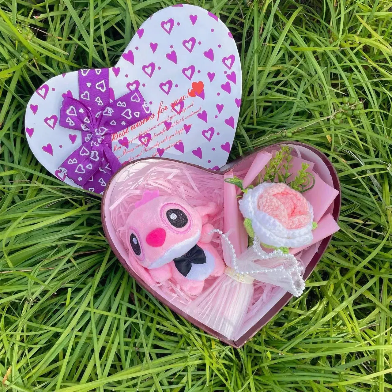 Color: plum - Disney Cartoon Lilo Stitch Plush Doll Toys Rose Bouquet Gift Box Stitch Flower Bouquet Home Decoration Valentine Christmas Gifts