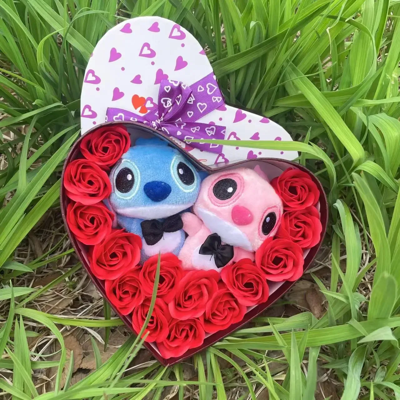 Color: plum - Disney Cartoon Lilo Stitch Plush Doll Toys Rose Bouquet Gift Box Stitch Flower Bouquet Home Decoration Valentine Christmas Gifts