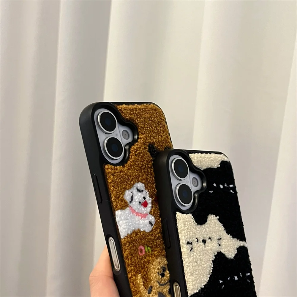 Color: SKY BLUE, Material: Vinyl - Luxury Cartoon Embroidery Cute Dog Cats Colorful Dots Phone Case For iPhone 13 14 15 16 Pro Max Plush Winter Shockproof Cover