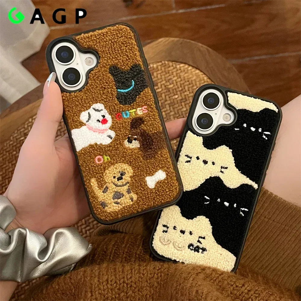 Color: SKY BLUE, Material: Vinyl - Luxury Cartoon Embroidery Cute Dog Cats Colorful Dots Phone Case For iPhone 13 14 15 16 Pro Max Plush Winter Shockproof Cover