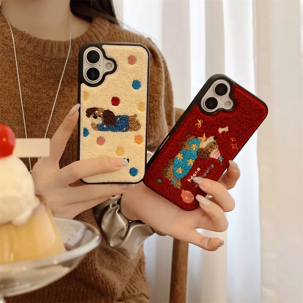 Color: SKY BLUE, Material: Vinyl - Luxury Cartoon Embroidery Cute Dog Cats Colorful Dots Phone Case For iPhone 13 14 15 16 Pro Max Plush Winter Shockproof Cover