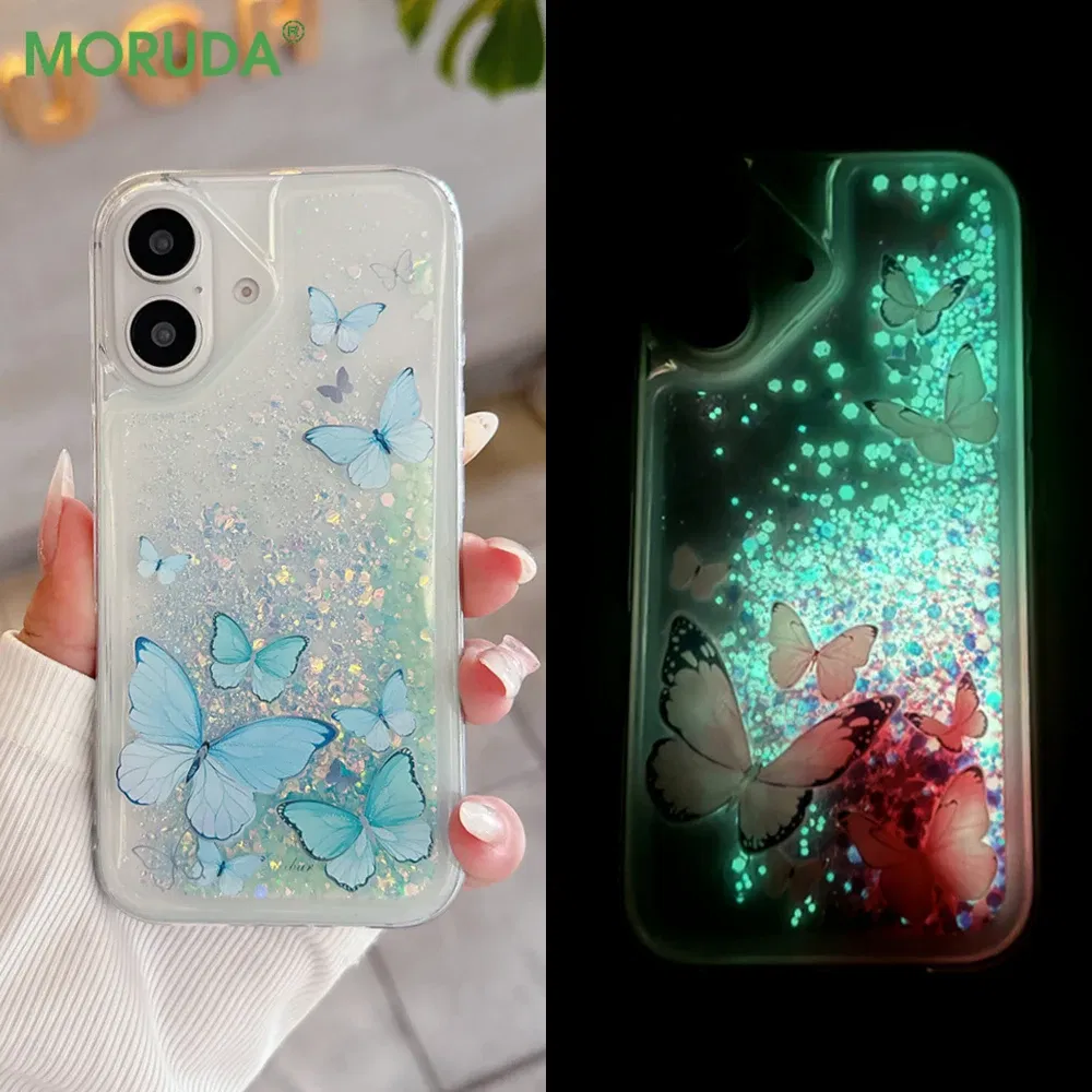 Color: Pink, Material: CANVAS - Luminous Quicksand Glitter Butterfly Case for iPhone 16 15 14 Pro Max Plus 13 12 Mini 11 X Xs XR Soft Silicone Bling Shiny Cover