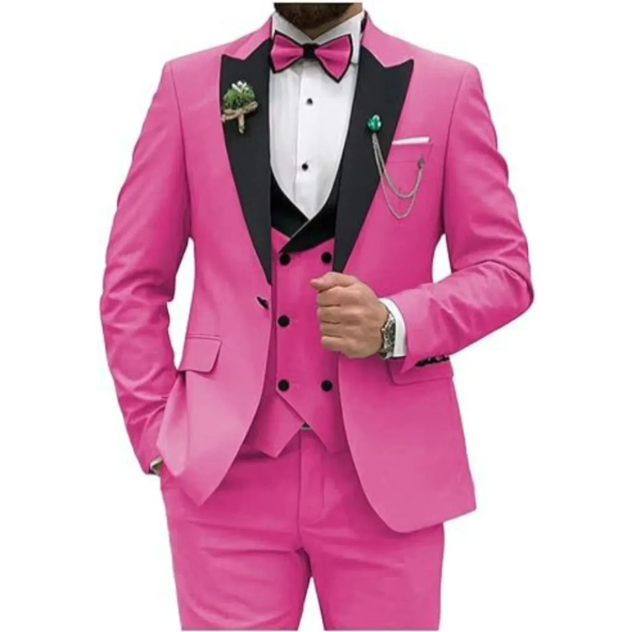 Color: Fuchsia, Size: XXS - Men Suit Colorful Luxury Blazer Vest And Pant Sets 3 Piece Birthday Dress Business Prom Evening Party Costumes High Quality