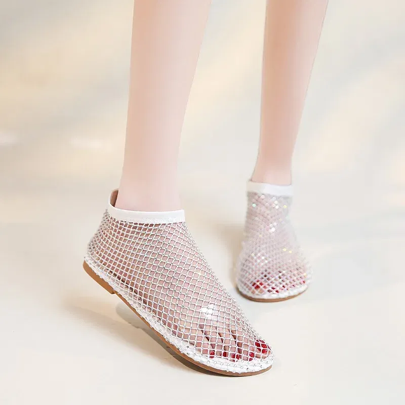 Color: black, Shoe Size: 40 - Women Summer New Fashion Mesh Luxurious Rhinestone Designer Simple Solid Color Sandals Daily Versatile Round Toe Womens Sandal