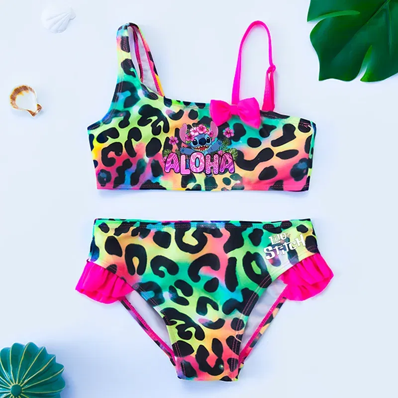 Color: Dark Grey, Size: L - Lilo Stitch Gilrs Bow Bikini Set Trendy Two-Piece Swimsuits for Summer Stylish Beachwear Pool Fashion Bathing Suits 3-12Y