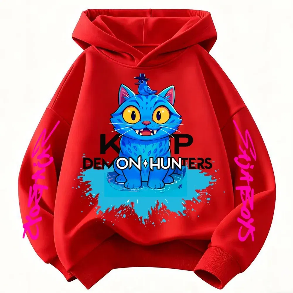 Color: Red, Kid Size: 6 - 2025 New Saja Boys Derpy KPop Demon Hunter Cartoon Boy Hooded Sweatshirt Warm Wave Fashion Casual Tops Casual Black Clothing
