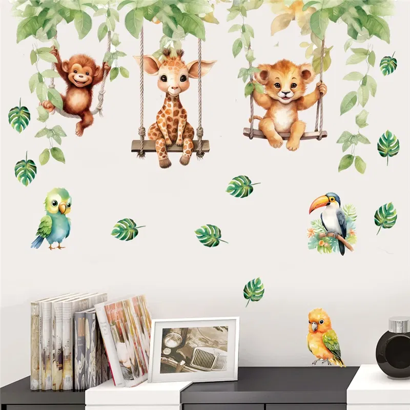 Color: Dark Grey - Funny Animals Bird Swinging Wall Stickers Kids Room Decoration Diy Cartoon Monkey Giraffe Lion Mural Art Pvc Posters Home Decals