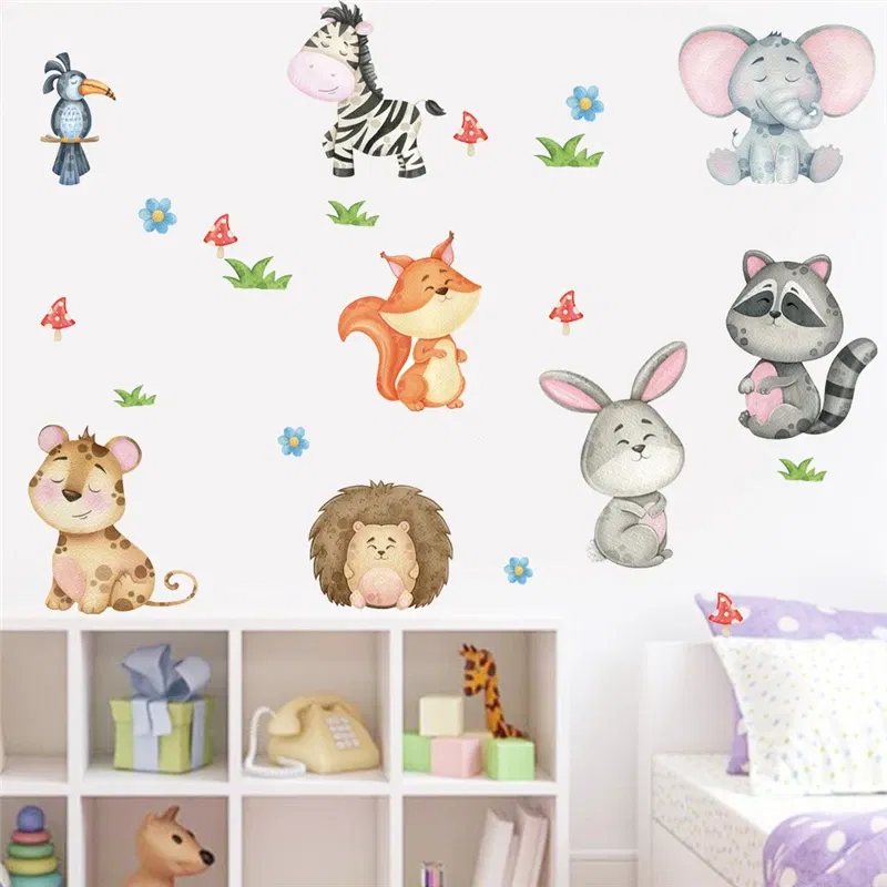Color: Dark Grey - Funny Animals Bird Swinging Wall Stickers Kids Room Decoration Diy Cartoon Monkey Giraffe Lion Mural Art Pvc Posters Home Decals