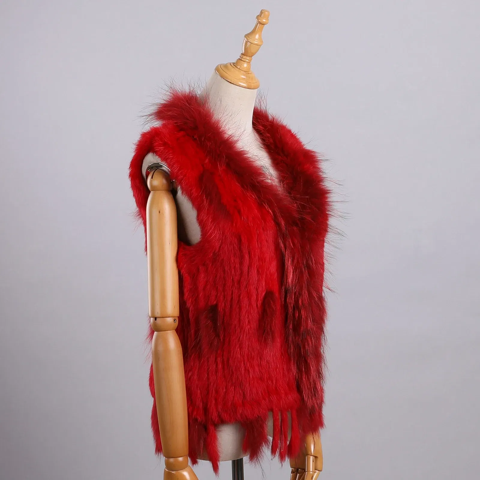 Color: Red, Size: L - Luxury Women's Genuine Premium Long Hair Rabbit Fur Knit Vest Raccoon Fur Trim Gilet Lady Sleeveless Waistcoat Real Fur Jacket