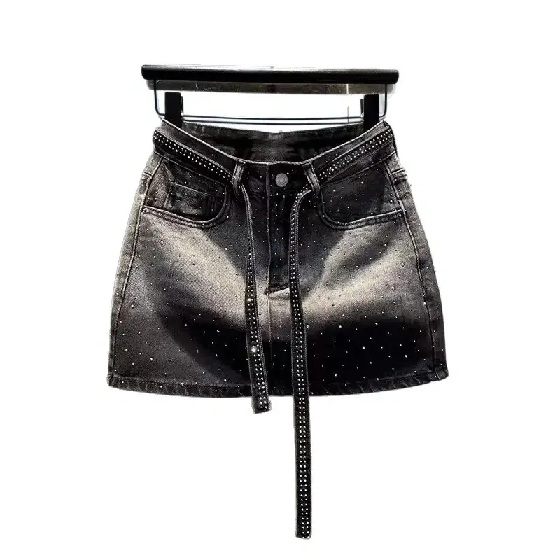 Color: Beige, Size: XXXL - Oversize Retro Diamond Denim Mini Skirt for Women Summer High Waist Shiny Rivet Slim Skirts Gradient Black Grey Jean Skirts