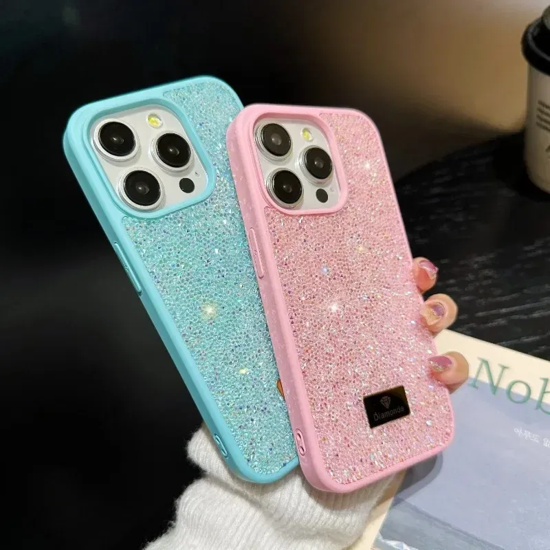 Material: POLYESTER, Color: Beige - Luxury INS Dazzling Full Covered Zircon Macaroon Color Phone Case for iPhone 16 15 14 11 12 13 Pro Max Plus Back Cover
