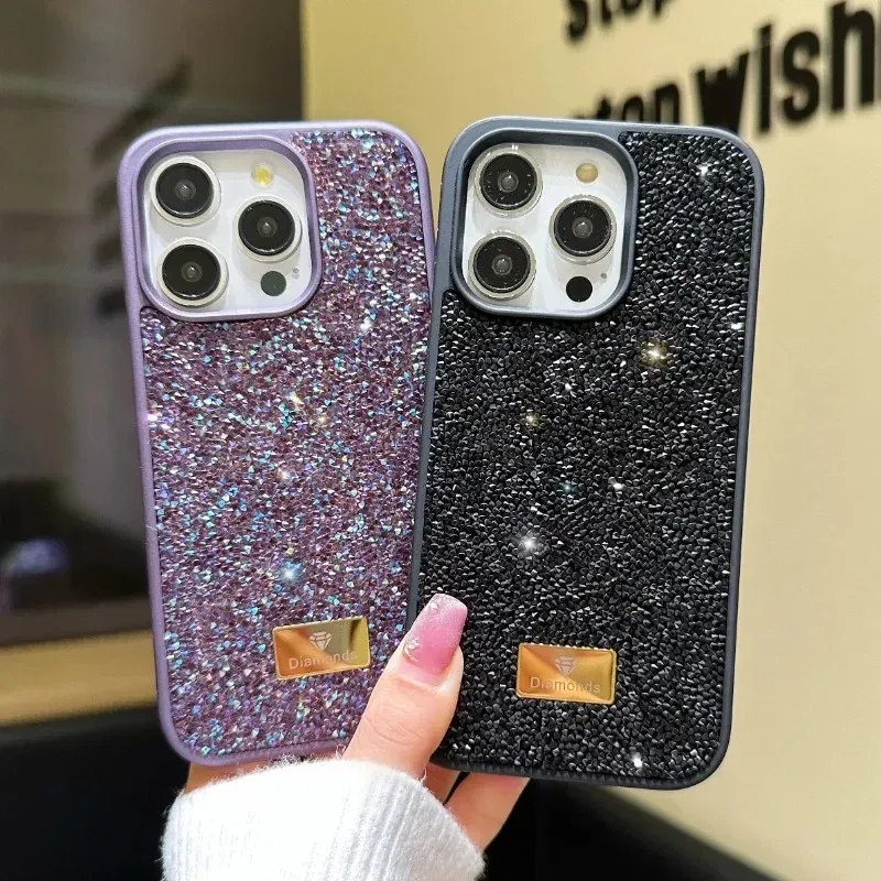 Material: POLYESTER, Color: Beige - Luxury INS Dazzling Full Covered Zircon Macaroon Color Phone Case for iPhone 16 15 14 11 12 13 Pro Max Plus Back Cover