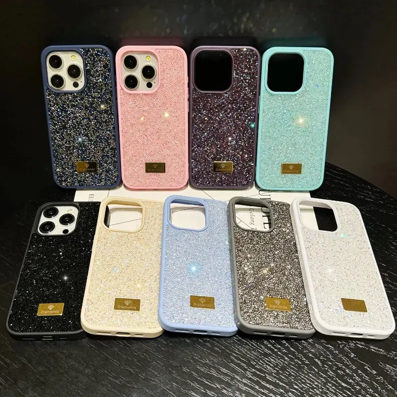 Material: POLYESTER, Color: Beige - Luxury INS Dazzling Full Covered Zircon Macaroon Color Phone Case for iPhone 16 15 14 11 12 13 Pro Max Plus Back Cover